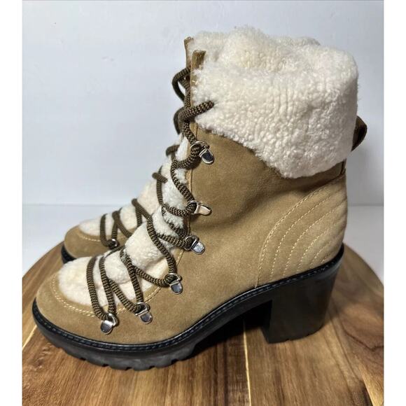 Marc Fisher Shoes - Marc Fisher Daven Heeled Lace Up Sheep Fur Leather Hiker Brown Boots size 9